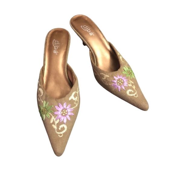 Diba Women’s Size 6.5 Army Green Embroidered Pointed Toe Kitten Heel Slides - Picture 1 of 8